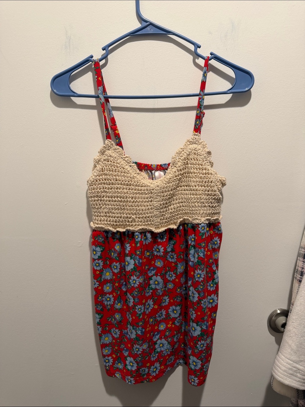Girls Red Floral One-Piece Dress with Cream Crochet Bodice